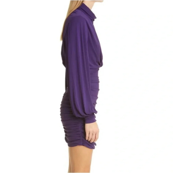 Ronny Kobo Harper Ruched Mini Dress with Balloon Sleeves Purple Eggplant S NWT - Picture 12 of 13